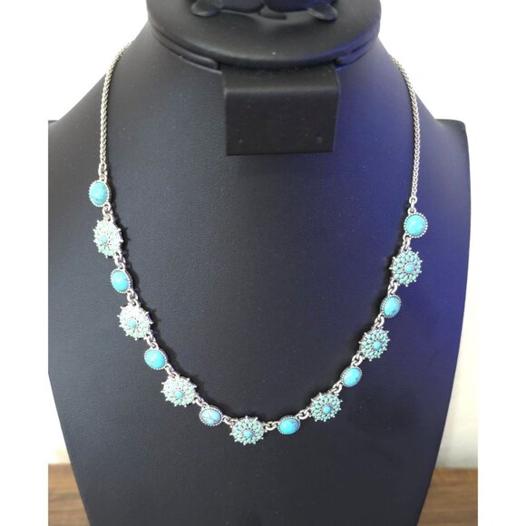 NWT Lucky Brand Silver-Tone Turquoise Flower Necklace With Adjustable Chain - Picture 1 of 8